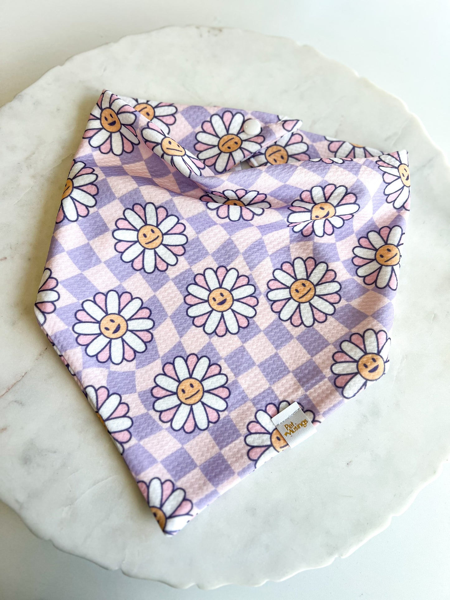 Purple Checkered Daisy Wrinkle Resistant Bandana